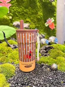 1pc New High-Capacity Stainless Steel Insulated Water Bottle, Large Capacity Stylish Tumbler With Handle & Straw - Multicolor - View 6