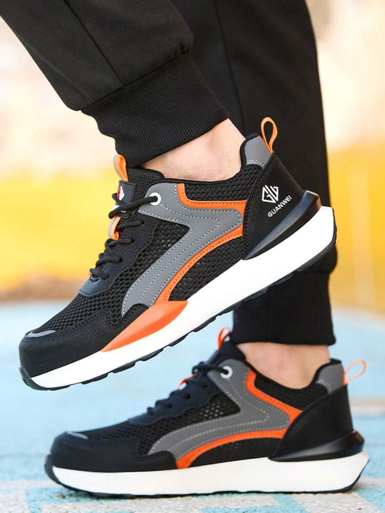 Chaussures de sécurité pour hommes, chaussures de travail neuves à lacets, semelle antidérapante, chaussures de protection confortables et respirantes pour la construction industrielle, chaussures de protection pour hommes pour le travail, printemps/été/automne - Noir et orange - Voir 4