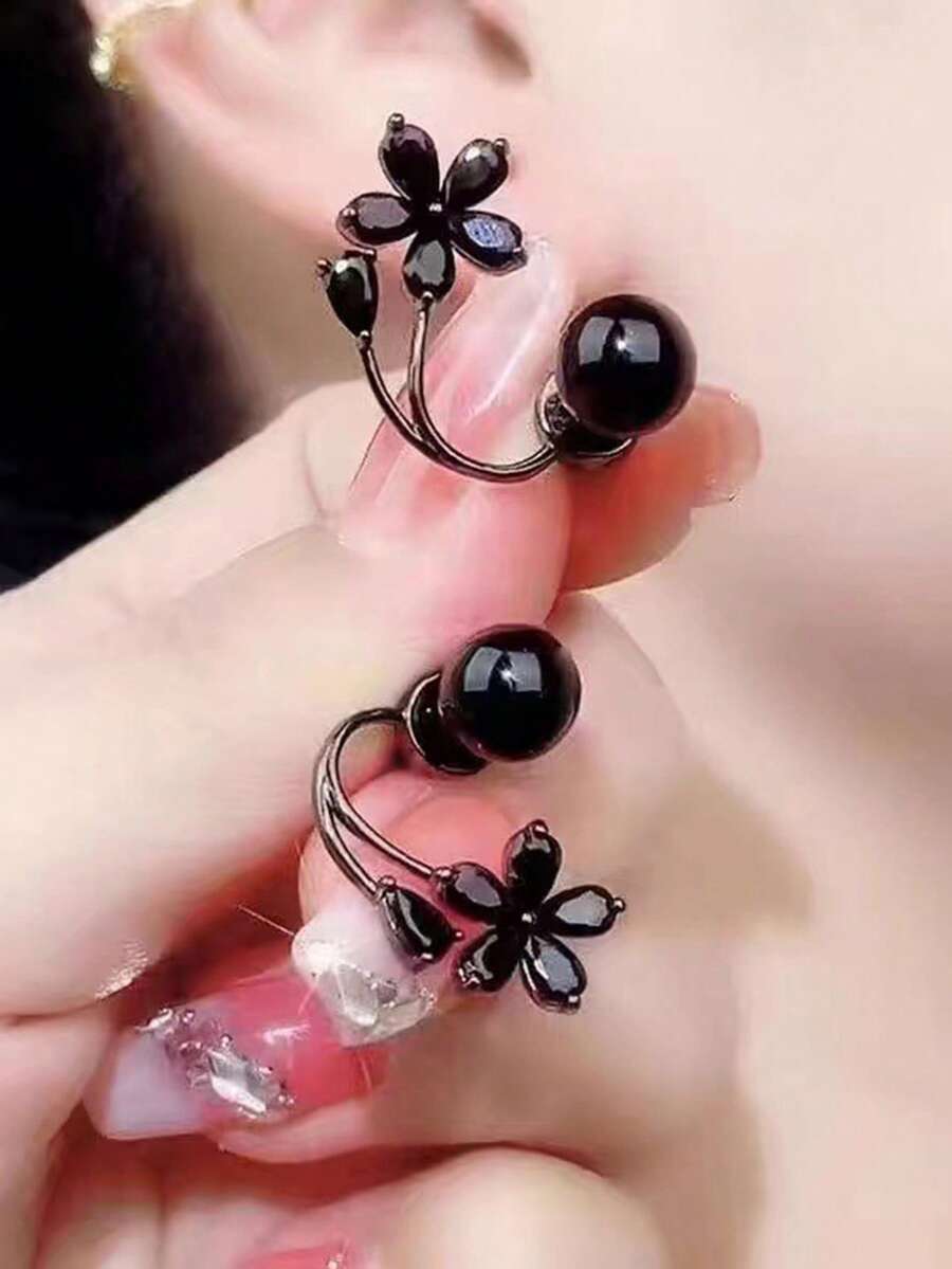 1 Pair Glossy Bowknot Crystal Tassel Earrings For Teenagers - Black - View 1