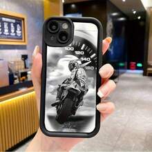 1 pieza Funda de teléfono con gráfico de motociclista en blanco y negro y fondo de velocímetro - Negro - Ver 5