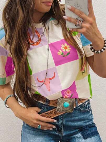 Acelitt Camiseta casual de verano para mujer con cuello redondo y manga corta, con estampado floral de estilo occidental