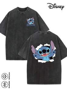Disney-Licensed Men's Cotton T-Shirt For The 2026 Family Holiday. Featuring A Stitch Motif, Washed Crew Neck, Soft And Comfortable Feel, Easy Care And Suitable For Various Occasions Such As Holidays, Everyday Life And Commuting – Full Of Festive Spirit. - 黑色 - 查看 1