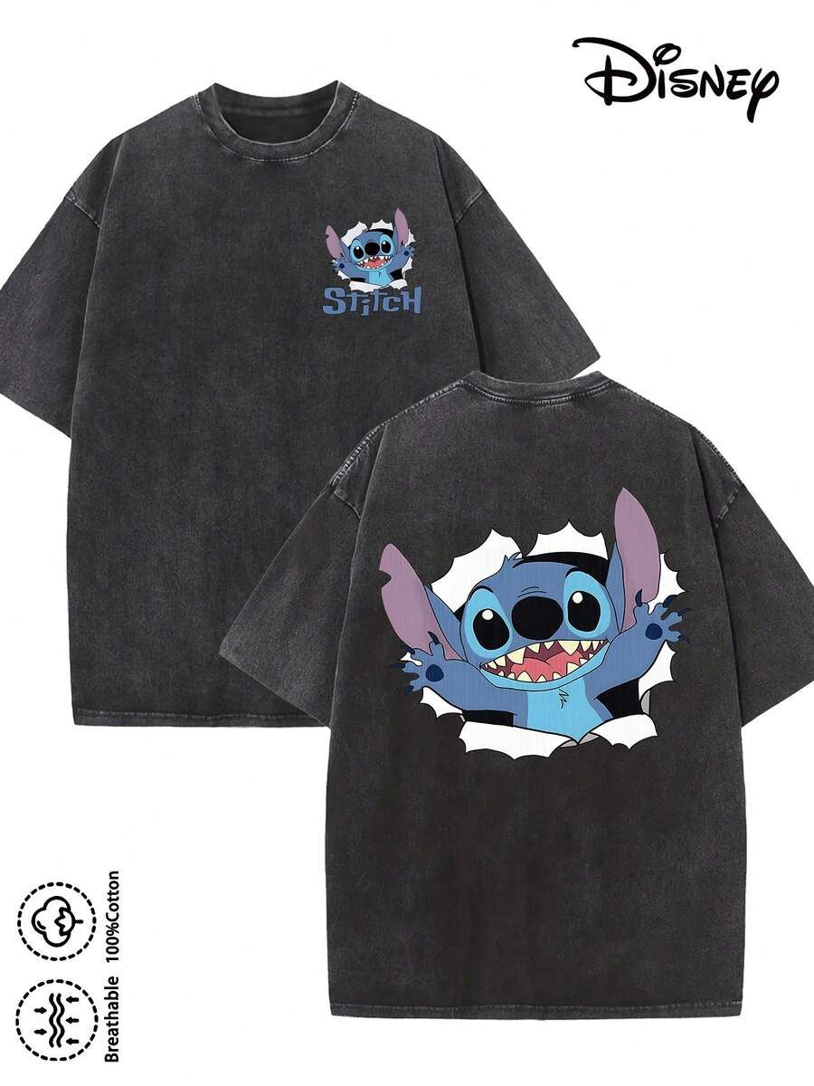 Disney-Licensed Men's Cotton T-Shirt For The 2026 Family Holiday. Featuring A Stitch Motif, Washed Crew Neck, Soft And Comfortable Feel, Easy Care And Suitable For Various Occasions Such As Holidays, Everyday Life And Commuting – Full Of Festive Spirit. - 黑色 - 查看 1