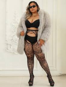 女士1件套曲线紧身裤，复古大叶子图案提花镂空渔网袜，性感春夏打底裤，Y2K风格，搭配黑色紧身裤可作万圣节服装。 - 黑色 - 查看 1