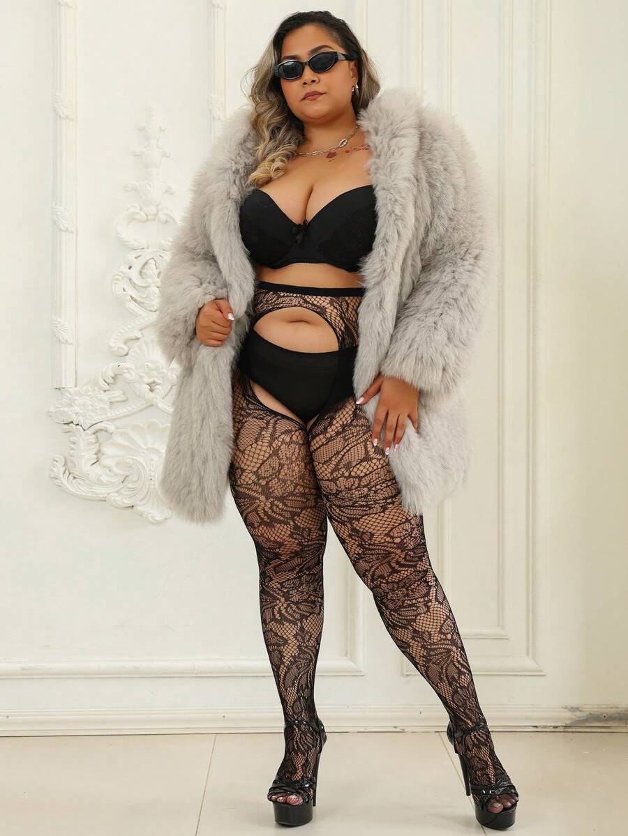 女士1件套曲线紧身裤，复古大叶子图案提花镂空渔网袜，性感春夏打底裤，Y2K风格，搭配黑色紧身裤可作万圣节服装。 - 黑色 - 查看 1