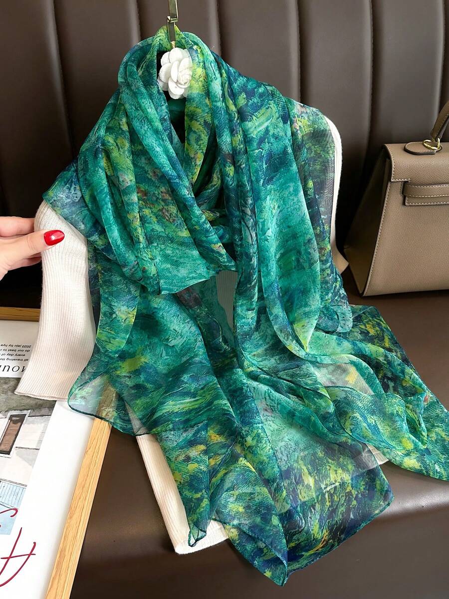 1条绿色雪纺围巾，女士款，轻盈百搭，春秋皆宜，艺术旅行防晒披肩颈巾