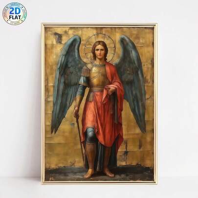 一幅天使米迦勒的拜占庭希腊东正教艺术画作，色彩丰富，细节精美，翅膀和盔甲栩栩如生，帆布印刷海报，现代墙面艺术装饰画，适用于咖啡馆、家庭、卧室、客厅、厨房、浴室、办公室、家居装饰、房屋装饰、卧室装饰、墙面装饰，是馈赠亲友的理想之选。