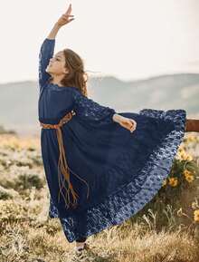 2026 Girls Elegant Lace Flower Boho Dress Long Sleeve Backless Square Neck Ruffle Party Maxi Dress - 02 Navy - 查看 3