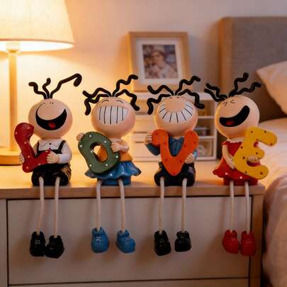 4pcs Nordic Creative Home Resin Hanging Leg Doll Cartoon Sanmao Figurine Holding Love Sign