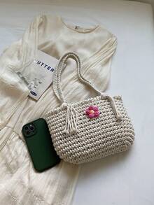 New Spring/Summer Small Floral Tassel Shoulder Bag, Hollow Straw Woven Bag, Women Beach Bag - Multicolor - View 5