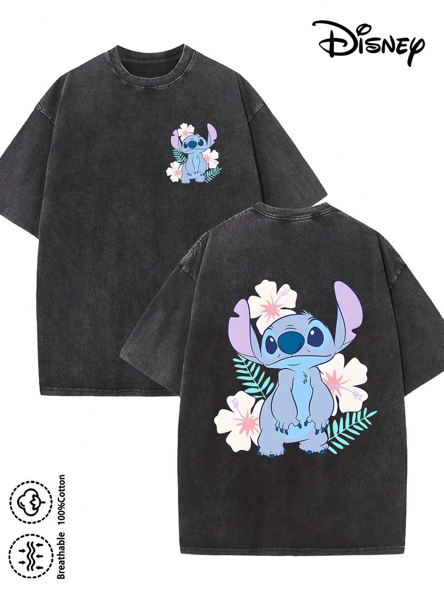 Disney-Licensed Men's Cotton T-Shirt For The 2026 Family Holiday. Featuring A Stitch Motif, Washed Crew Neck, Soft And Comfortable Feel, Easy Care And Suitable For Various Occasions Such As Holidays, Everyday Life And Commuting – Full Of Festive Spirit. - 黑色 - 查看 1