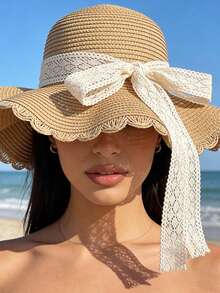 1顶女士夏季防晒草帽，适合海滩旅行和海滩派对 - 蕾丝边饰 - 防晒帽 女士夏季草帽 女士夏季遮阳帽 沙滩草帽 可折叠女士夏季防晒草帽，适合海滩和海边，遮阳帽，防晒帽 - A - 查看 1