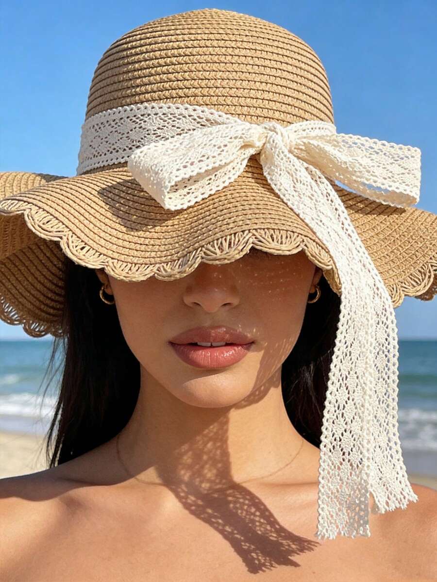1顶女士夏季防晒草帽，适合海滩旅行和海滩派对 - 蕾丝边饰 - 防晒帽 女士夏季草帽 女士夏季遮阳帽 沙滩草帽 可折叠女士夏季防晒草帽，适合海滩和海边，遮阳帽，防晒帽 - A - 查看 1