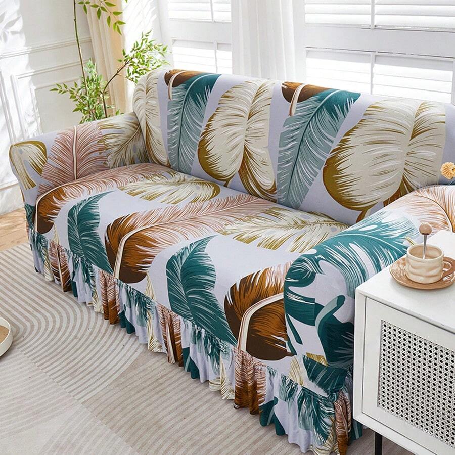 1pc Leaf Print Sofa Cover, Ruffled Skirt Design, Stretch Sofa Slipcover, Universal For All Seasons, Full Coverage Sofa Protector, Pleated Edge Sofa Cover, Fit For 1/2/3/4 Seater Sofa, Suitable For Bedroom, Office, Living Room, Outdoor, Home Decor - Mint Green - View 1