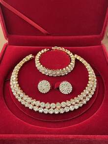 三件套时尚性感全镶钻多层项链、耳环、手链，新娘首饰套装，短款项链，圣诞礼物 - 彩色 - 查看 5