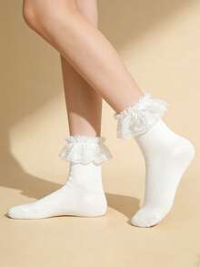 2pairs Cute Simple Lace Trim Mid-Calf Socks, Comfortable Material, For Daily Home & Outdoor Wear - White - View 1