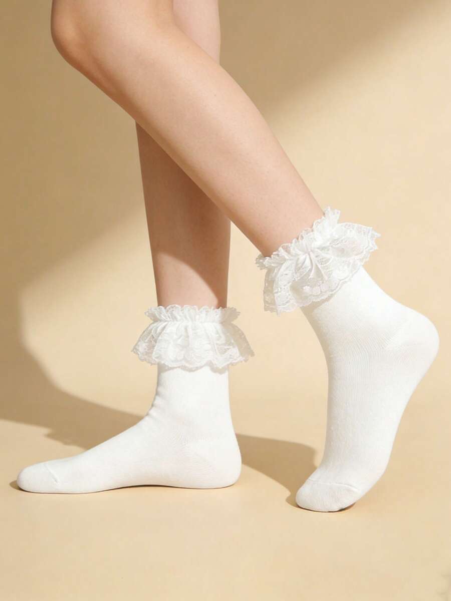 2pairs Cute Simple Lace Trim Mid-Calf Socks, Comfortable Material, For Daily Home & Outdoor Wear - White - View 1