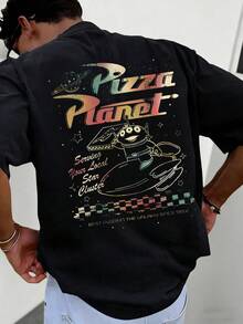 Disney Men's Casual T-Shirt, Pizza Planet Alien Delivery Print, Retro & Nostalgic Design, Ideal For Toy Story Fans & Daily Wear - 黑色 - 查看 3