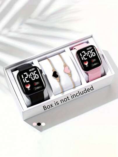 Bộ 4/1 đồng hồ nữ dễ thương, thanh lịch, thời trang với màn hình LED kỹ thuật số, kèm theo vòng tay hình trái tim lãng mạn, phù hợp cho phụ nữ đeo hàng ngày, làm quà tặng sinh nhật/lễ hội, trang trí tiệc, món quà hoàn hảo dành cho phụ nữ vào Ngày của Mẹ.