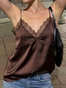 DEEKA Summer New Women's Fashion Sexy Lace & Satin Blouse - Brown - View 1