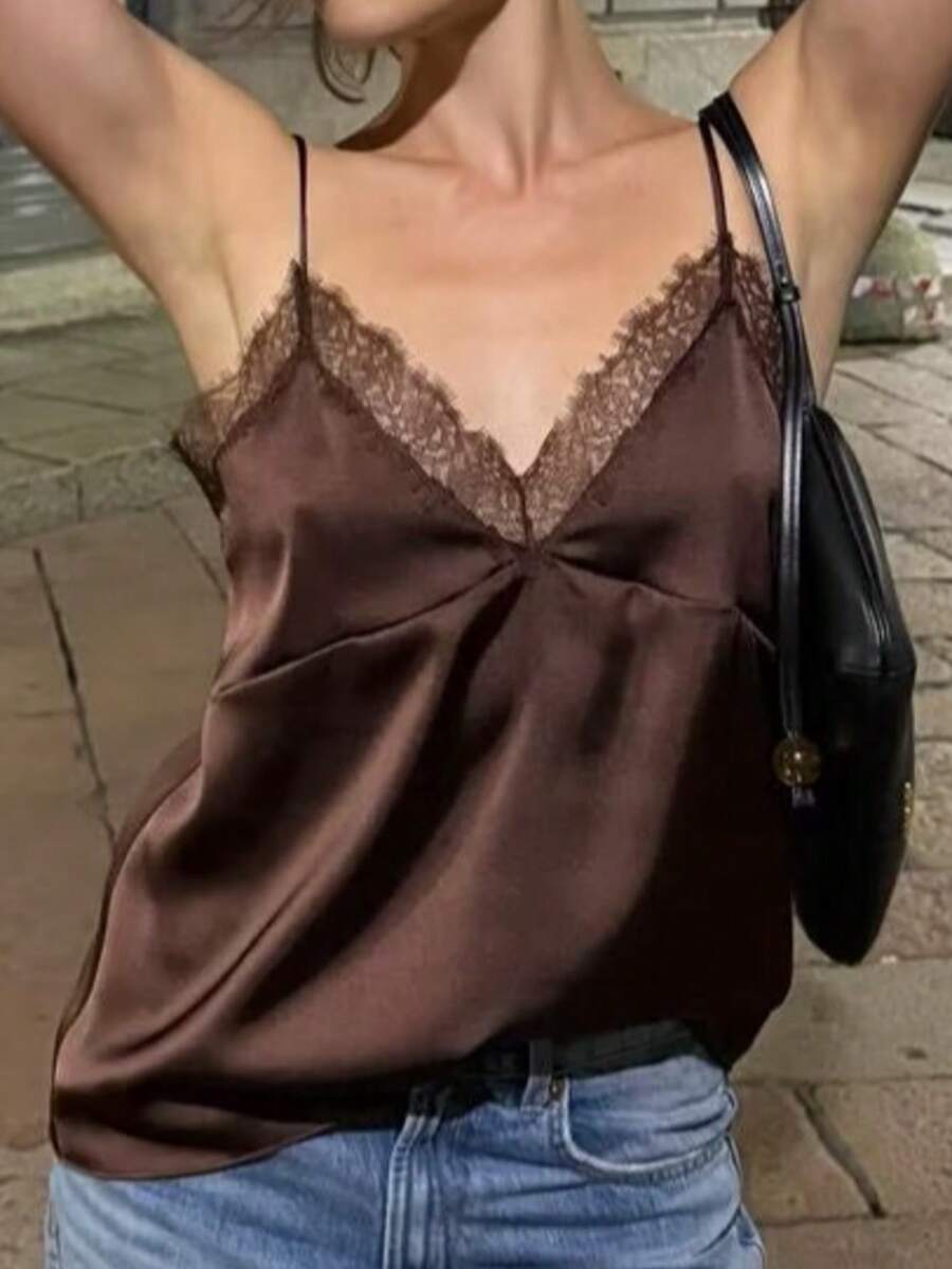 DEEKA Summer New Women's Fashion Sexy Lace & Satin Blouse - Brown - View 1