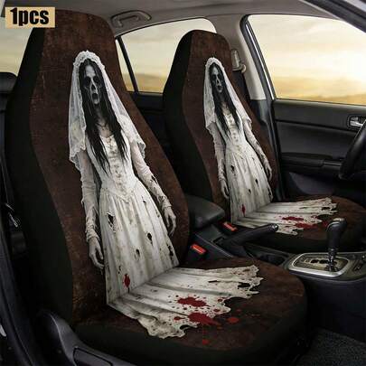 1pc Women Ghost Element Print Car Seat Cover, Horror Pattern Breathable Protective Cushion For SUV & Sedan