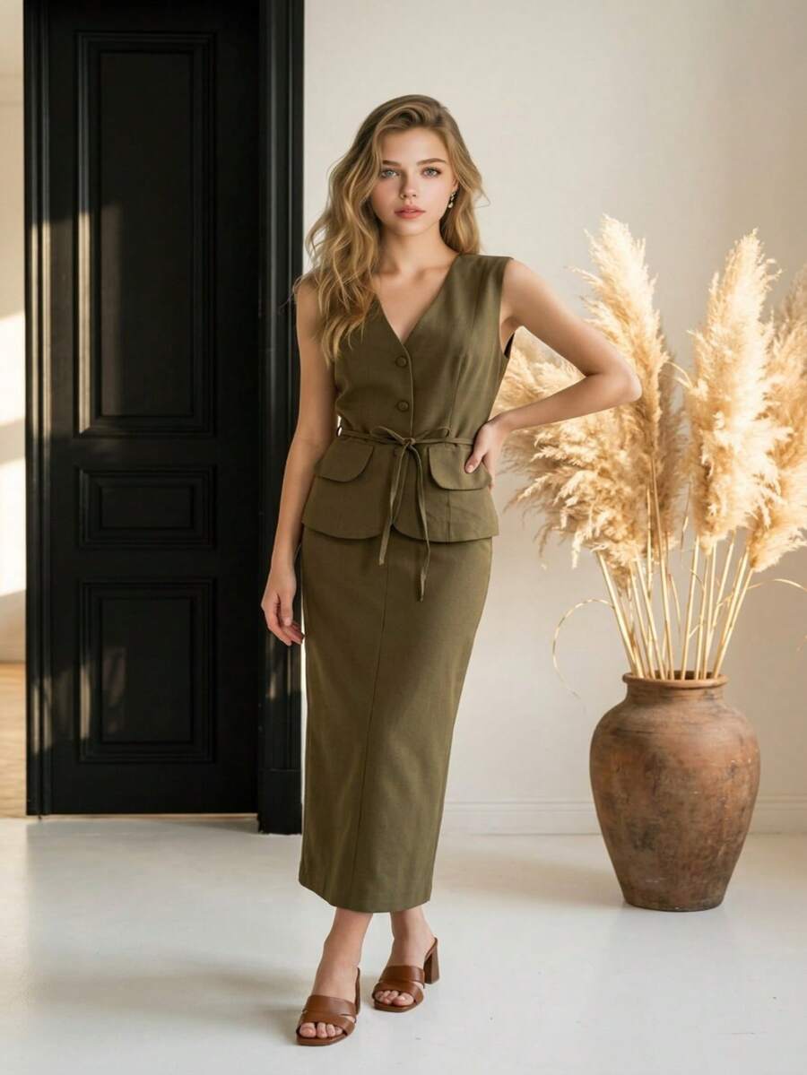 Elegant Formal Ensemble Consisting Of A V-Neck Vest With Tie Detail And A Midi Skirt With A Slit | Sophisticated Cut | Marrant - 軍綠色 - 查看 1