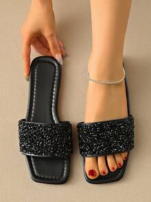 Dép lê đế bằng nữ thanh lịch, thoải mái, kiểu dáng thường ngày, đính pha lê và kim cương. - màu đen - Xem 5