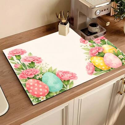 1pc Mother's Day Floral Print Absorbent Drying Mat, Kitchen Decor, Coffee Machine Pad, Handmade Coffee Pot Draining Mat, Kitchen Floor Mat, Dining Table Mat, Kitchen Counter Bowl Drying Mat, Breakfast Mat, Heat-Resistant Anti-Slip Coaster, Washing Machine Mat, Silicone Drying Mat, Hides Stains, Super Absorbent Kitchen Mat, Easy To Clean Dish Rack Mat, Suitable For Kitchen, Dining Table, Coffee Shop, Bar, Holidays, Parties, Home Decor, Holiday Gifts, Mother's Day Gift