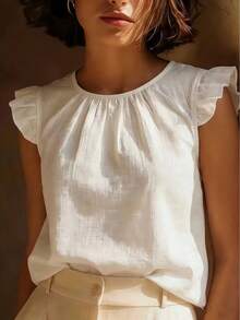 Women's Pleated Round Neck Short Sleeve Top, Layered Ruffle Cuff, Regular Length Casual Summer Blouse - Off White - View 6