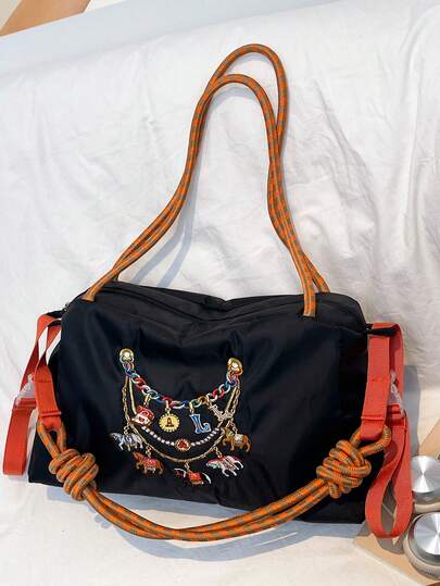 Running Horse Embroidered Nylon Shoulder Bag, Colorful Woven Handle With Adjustable Strap, Large Capacity Suitable For Short Trips, Daily Outings, Commuting, And Campus Use