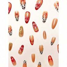 24pcs/Set French Almond-Shaped Ocean Style Elegant 3D Stereo Starfish, Red & Yellow Flower, Seashell, Golden Pearl Decorated Sweet Press-On Full Cover False Nails With 1pc Jelly Gel And 1pc Nail File, Adding A Romantic Touch For Daily Dates, Autumn/Winter - 彩色 - 查看 2
