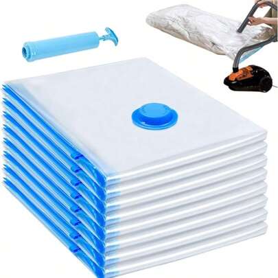 1/5/6pcs Large Size Vacuum Compression Bags + Air Pump, Upgraded Blue Transparent Vacuum Storage Bags, Suitable For Blankets, Clothes, Down Jackets, Quilts, Bags, Travel Moisture-Proof And Dust-Proof Vacuum Compression Bags, Wardrobe Vacuum Storage Bags