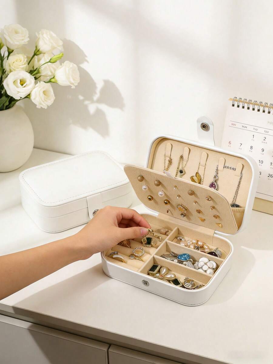 1pc Travel Dual Layer Jewelry Box, PU Leather Jewelry Storage Box, Snap Closure Jewelry Organizer Box, Jewelry Collection Box, Ring Holder, Pendant Holder, Earring Holder, Necklace Holder
