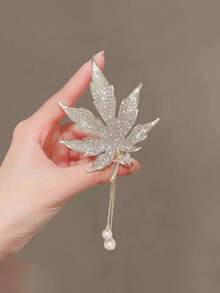 1pc Premium Crystal Maple Leaf Pearl Tassel Hair Clip, Retro Elegant Hair Accessory - Gold - View 5