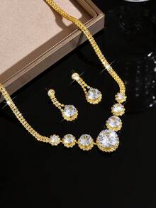 2pcs Gold Jewelry Set, Large Round Crystal Necklace + Teardrop Earrings, Attention-Grabbing Design, Wedding/Party Accessory, Date Outfit, Birthday Gift - 1717 Gold Earrings and Necklace Set - View 3