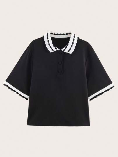 Camiseta de manga corta con cuello de color block, primavera/verano