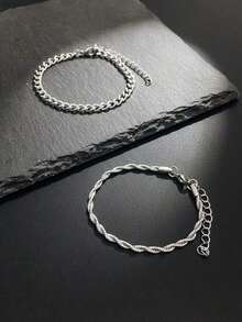 2pcs/Set Stainless Steel Chain Bracelet, Men's Simple & Stylish Vacation-Fashion Accessory, Birthday Gift - Gold - View 2