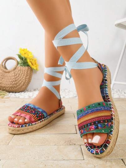 Summer Fashion Flat Lace-Up Slip-On Slippers, Outdoor Beach Holiday Roman Woven Sandals
