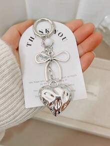 1pc Women's INS Style Silver Heart & Bow Keychain, Lace Heart Pearl Beaded Keychain, Minimalist Versatile Balloon Dog Keychain - Silver - View 10