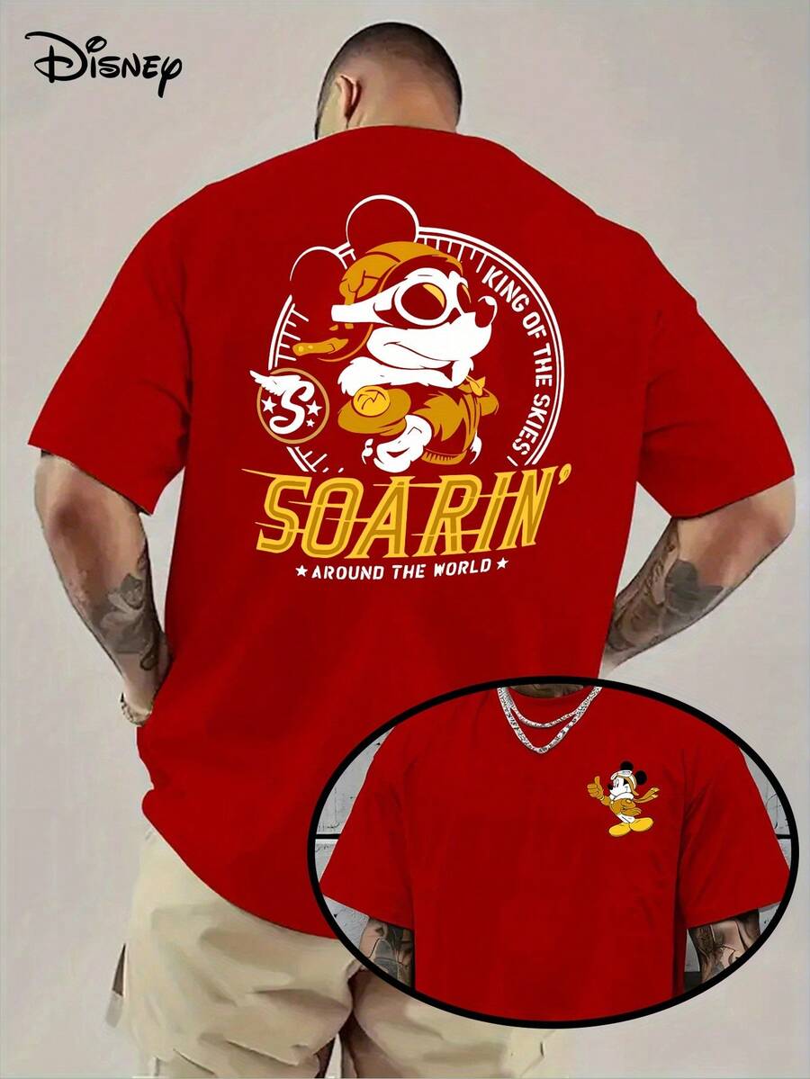 [Disney Official Genuine Authorization] Official Mickey Travels Around The World T-Shirt Can Flip The King Of The Sky Pilot And Soaring Adventure Pattern, Men's Casual Summer Short-Sleeved Shirt, Designed With Mickey As A Pilot And A Global Landmark, And Can Be Machine Washed. - Đỏ - Xem 1