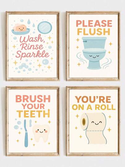 1pc, Canvas Wall Art, Framed Kids Room Poster, Children's Bathroom Art, Bathroom Wall Decor, Flush, Brush Teeth, Kids Bathroom Rules Decor, Children's Bathroom Wall Art, Boys & Girls Bathroom Poster Art, Nursery Decor, Baby Gift, Newborn Gift, Preschool Decor