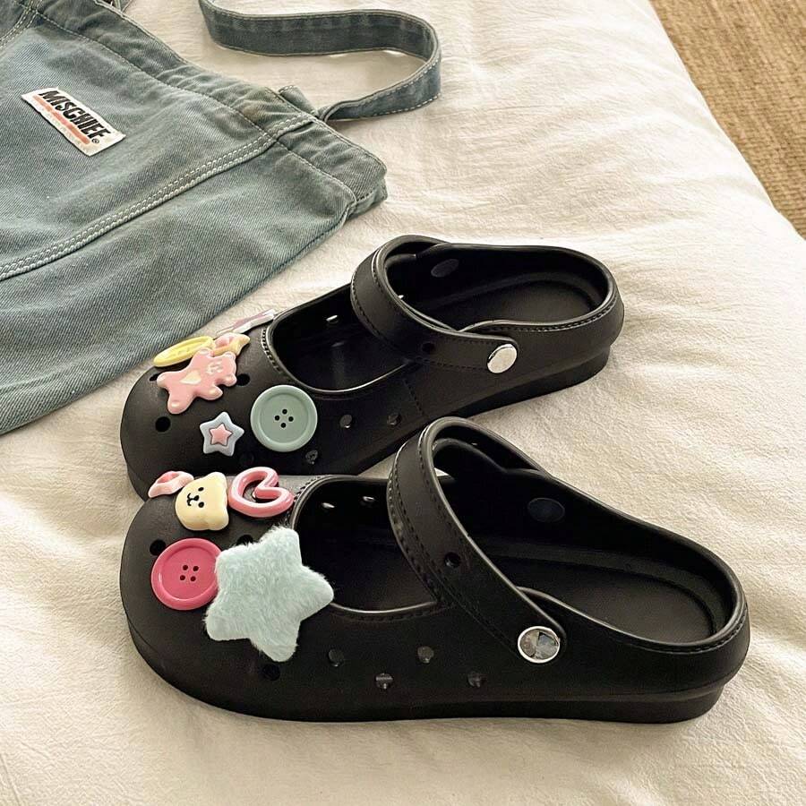 Sandal Selop Mary Jane Serbaguna untuk Wanita, Sepatu Kasual Slip-On Nyaman dan Berongga untuk Musim Panas, Desain Lucu - Hitam - View 1