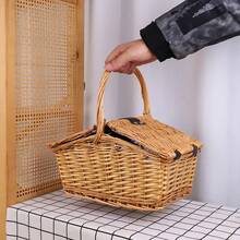 1pc Foldable Wicker Picnic Basket With Lid, Countryside Style, Photography Prop, Outdoor Picnic - Multicolor - View 3