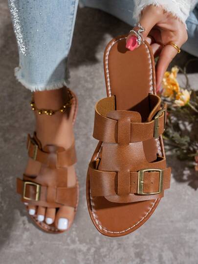 2026 Retro Double-Buckle Roman Style Sandals For Women, European And American Black Woven Strap Slides, Summer Outdoor Flat Non-Slip Breathable Slippers, Vintage Versatile Sandals Suitable For Dates, Vacations, Daily Wear, Featuring Retro Metal Buckle Decoration And Simple Woven Upper Design