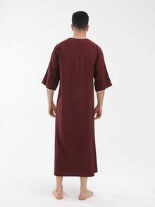New Arrival Black Loose Casual Muslim Three-Quarter Sleeve Men's Robe, Middle Eastern Leisure Long Robe - Burgundy - View 5