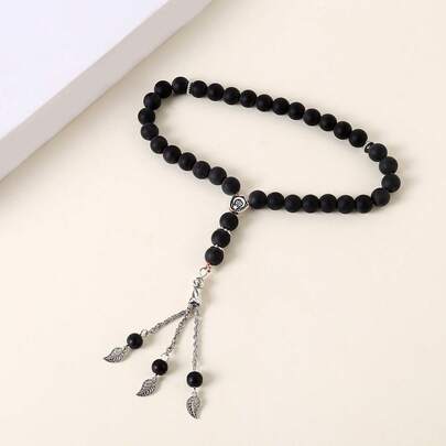 33pcs Black Matte Crystal Tasbih Prayer Beads, Islamic Crescent Moon & Star Rosary Accessories