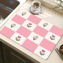 1pc Kitchen Counter Crimson Sakura Bloom Pattern Absorbent Non-Slip Coaster, Heat Resistant Tabletop Decoration For Coffee Bar, Home - Pink and White Checkered Pattern - View 13