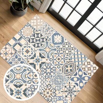 1pc Geometric & Floral Tile Pattern Rug, Polyester Drainage Mat, Suitable For Kitchen, Living Room, Entrance, Balcony, Home Decor, Anti-Stain, Coffee Shop, Bar, Holiday, Party, Bedroom, Bathroom Decoration