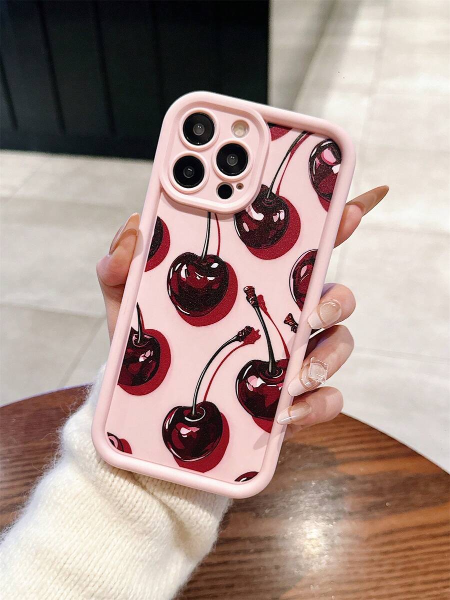 1pc New Creative Pink Full-Screen 3D Cherry Pattern Phone Case, Full Coverage Precision Cutout Camera Soft Protective Cover Suitable For IPhone 17 Air/17 Pro Max/17/16 Plus/15/14/13/12/11/XS Max/XR/7/8 - Light Pink - View 1
